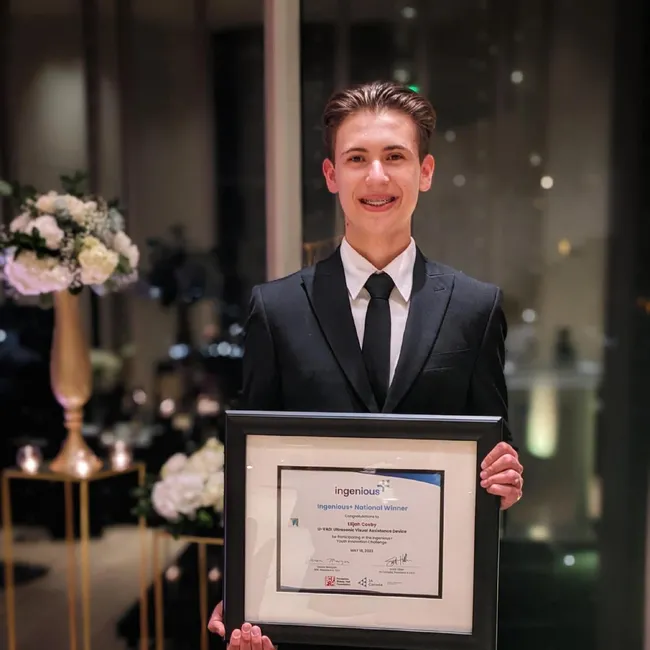 As part of his prize for winning the Ingenious+ award for technology and innovation, Thorold Secondary School student Elijah Cosby received a $10,000 award to develop his innovation, an ultrasonic visual assistance device.